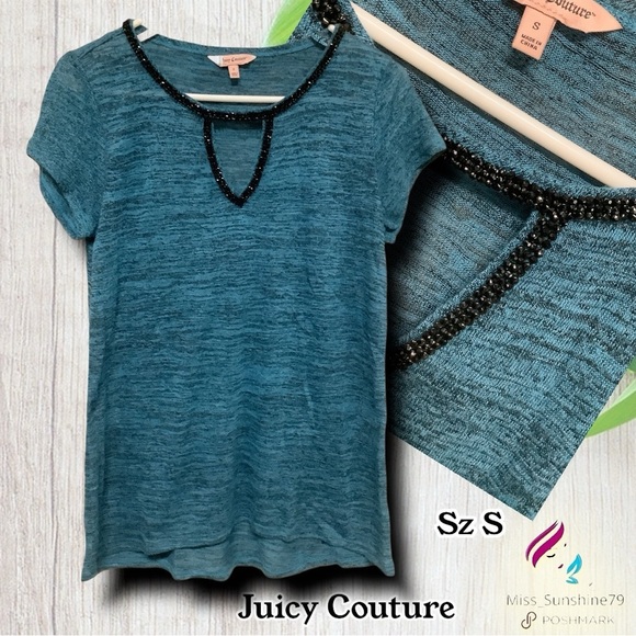 Juicy Couture -Sz S - Teal sparkle black Beaded Neckline keyhole Top lightweight - Picture 1 of 4